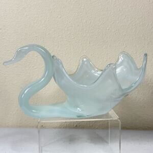 Vtg Milky White Blue Swirl Hand Blown Art Glass Swan Bowl Candy Dish Sculpture
